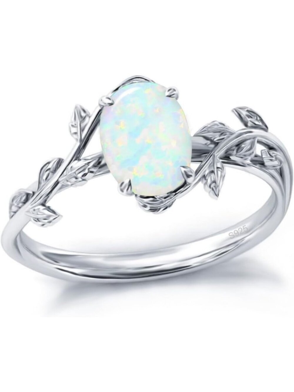 Natural Moss Agate & Opal Birthstone Ring | 925 Sterling Silver Leaf Promise